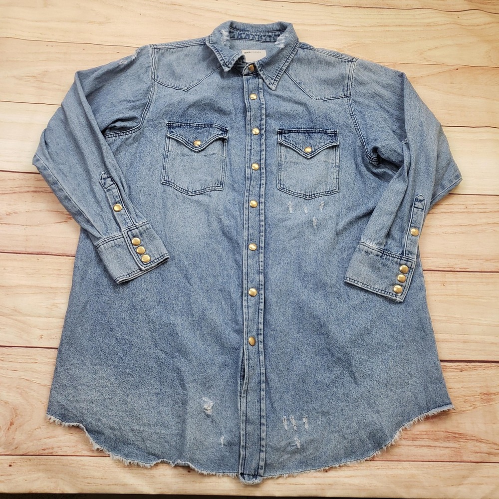 ASOS‎ Denim Shirt Womens 4 Blue Western Snap Button Distressed Longline Raw Hem
